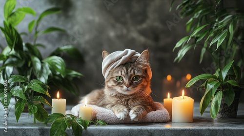 Cat relaxing in spa bath with candles and green plants. Cute cat in a turban on spa treatments. Beauty procedures, wellness, beauty, relaxation concept. Pet grooming, domestic pets treatment photo