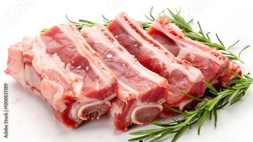 Fresh cuts of meat displayed with herbs, ideal for cooking or culinary presentations.