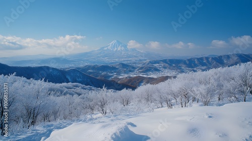 A snow-covered mountain range under a clear blue sky, with white clouds swirling around the peaks.