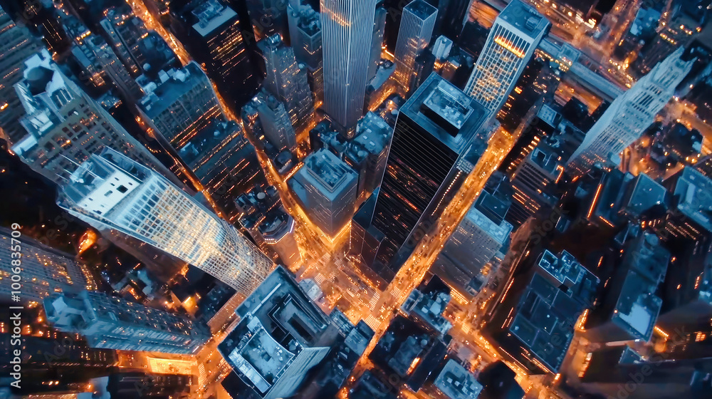 Aerial view of a bustling modern cityscape with illuminated skyscrapers and winding roads at night showcasing urban life Aerial view of a bustling modern cityscape with illuminated skyscrapers and winding roads at night showcasing urban life