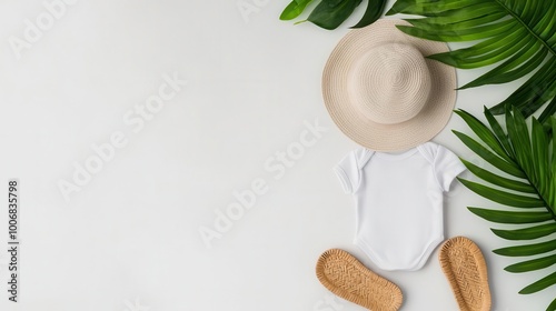 Lightweight summer baby romper with matching sun hat and soft sandals, Newborn baby outfit, comfort and breathability photo