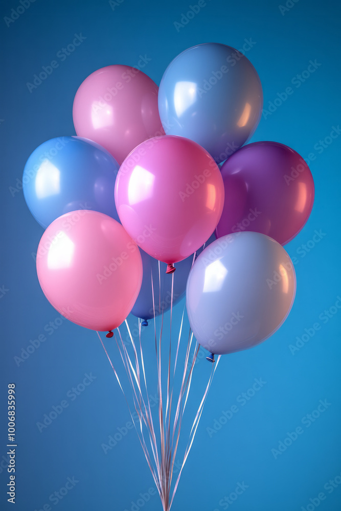 A bundle of helium balloons floating on a pastel surface, symbolizing birthday celebration, A bundle of helium balloons floating on a pastel surface, symbolizing birthday celebration,