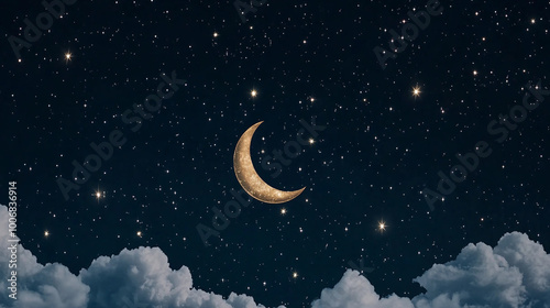 Enchanting Night Sky with a Bright Golden Crescent Moon and Twinkling Stars