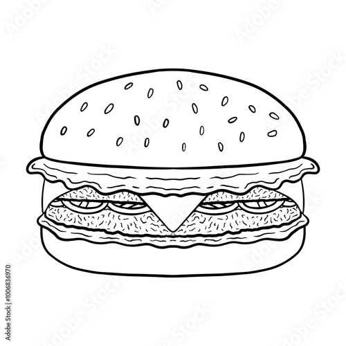 Black-and-white outline drawing of a classic burger, complete with a sesame seed bun, layered lettuce, a beef patty, and cheese. This line art ideal for coloring or graphic design projects.
