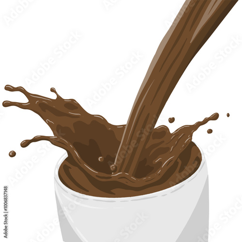 Illustration of a chocolate liquid poured into a white cup or mug. Isolated on white background. Chocolate milk splash out of glass.