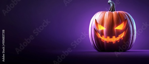  A jack-o-lantern pumpkin with glowingly orange eyes against a deep purple background Behind it, a soft purple light casts an ethereal glow photo