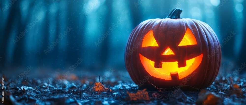 A jack-o-lantern carved from wood, situated in a forest Surroundings consist of falling leaves and trees in the backdrop A jack-o-lantern carved from wood, situated in a forest Surroundings consist of falling leaves and trees in the backdrop