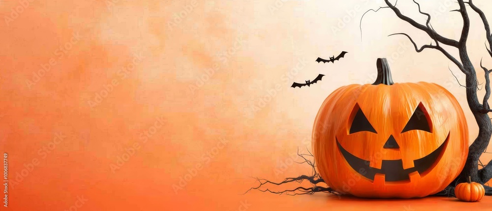 A pumpkin displaying a jack-o-lantern face sits before a gnarled, spooky tree Bats roost above A pumpkin displaying a jack-o-lantern face sits before a gnarled, spooky tree Bats roost above