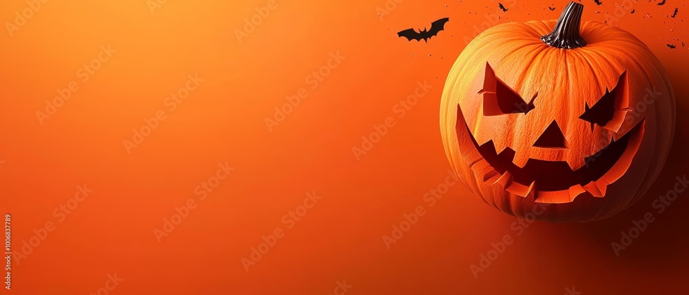 A jack-o-lantern dangles from a wall's side, above, a swarm of bats emerges A jack-o-lantern dangles from a wall's side, above, a swarm of bats emerges