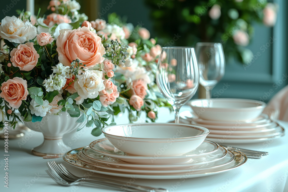 A corporate dinner table set with formal dining arrangements, isolated on a soft pastel backdrop, A corporate dinner table set with formal dining arrangements, isolated on a soft pastel backdrop,