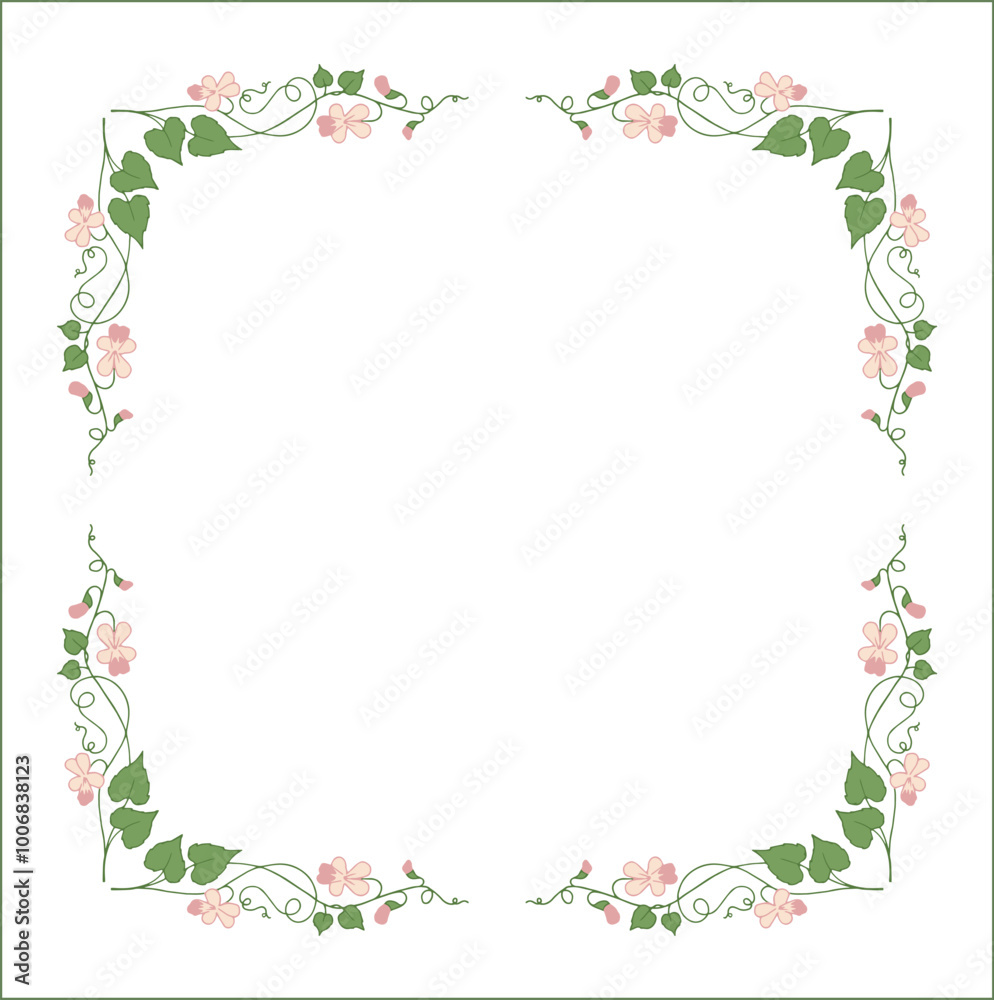 Elegant green vegetal ornamental frame with beige violet flowers, decorative border, corners for greeting cards, banners, business cards, invitations, menus. Isolated vector illustration.
Elegant green vegetal ornamental frame with beige violet flowers, decorative border, corners for greeting cards, banners, business cards, invitations, menus. Isolated vector illustration.