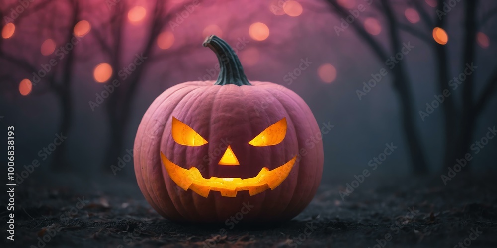 Obraz premium abstract eerie glowing pink lined up Halloween pumpkin on misty background, bokeh background