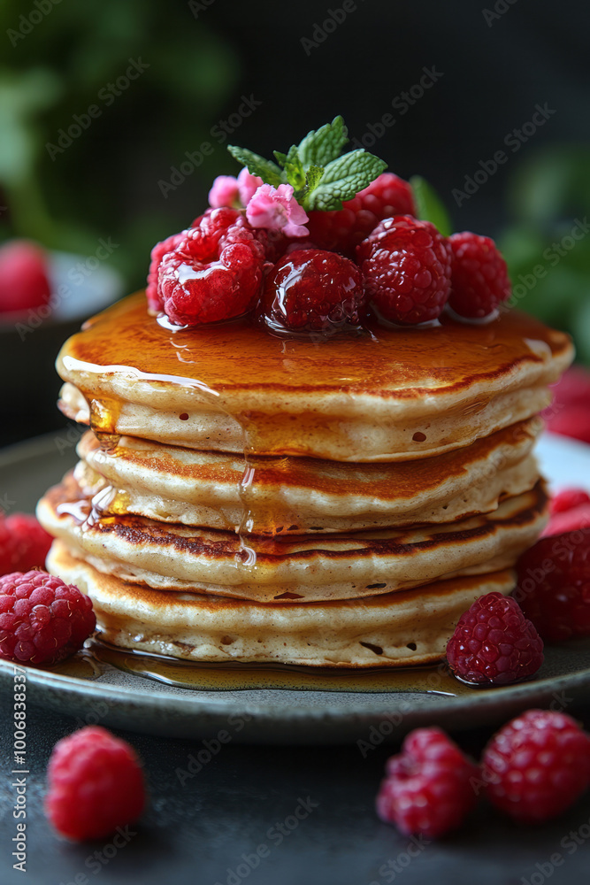 A stack of pancakes with syrup and fresh berries, isolated on a pastel background, A stack of pancakes with syrup and fresh berries, isolated on a pastel background,