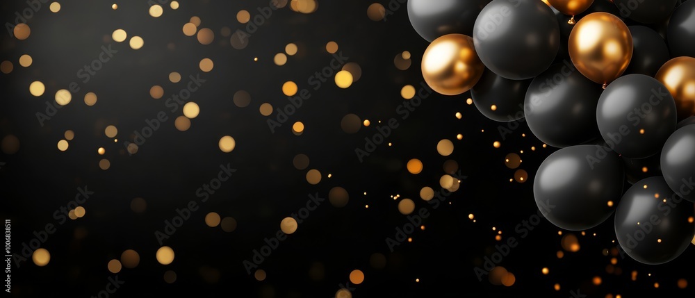 Black and gold balloons with gold and silver confetti float against a black backdrop Black and gold balloons with gold and silver confetti float against a black backdrop