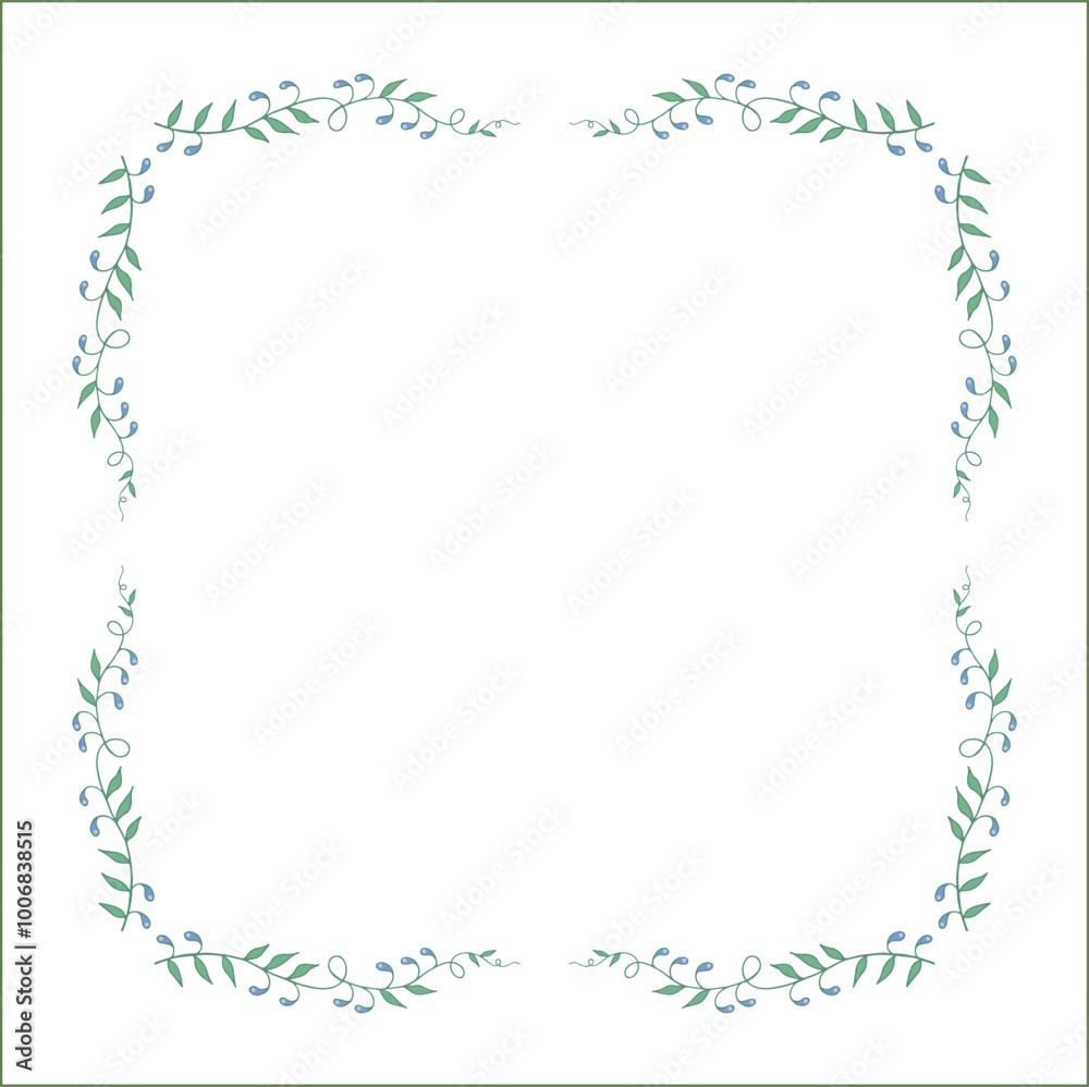 Green vegetal floral frame with leaves and blue flowers, decorative corners for greeting cards, banners, business cards, invitations, menus. Isolated vector illustration.
Green vegetal floral frame with leaves and blue flowers, decorative corners for greeting cards, banners, business cards, invitations, menus. Isolated vector illustration.