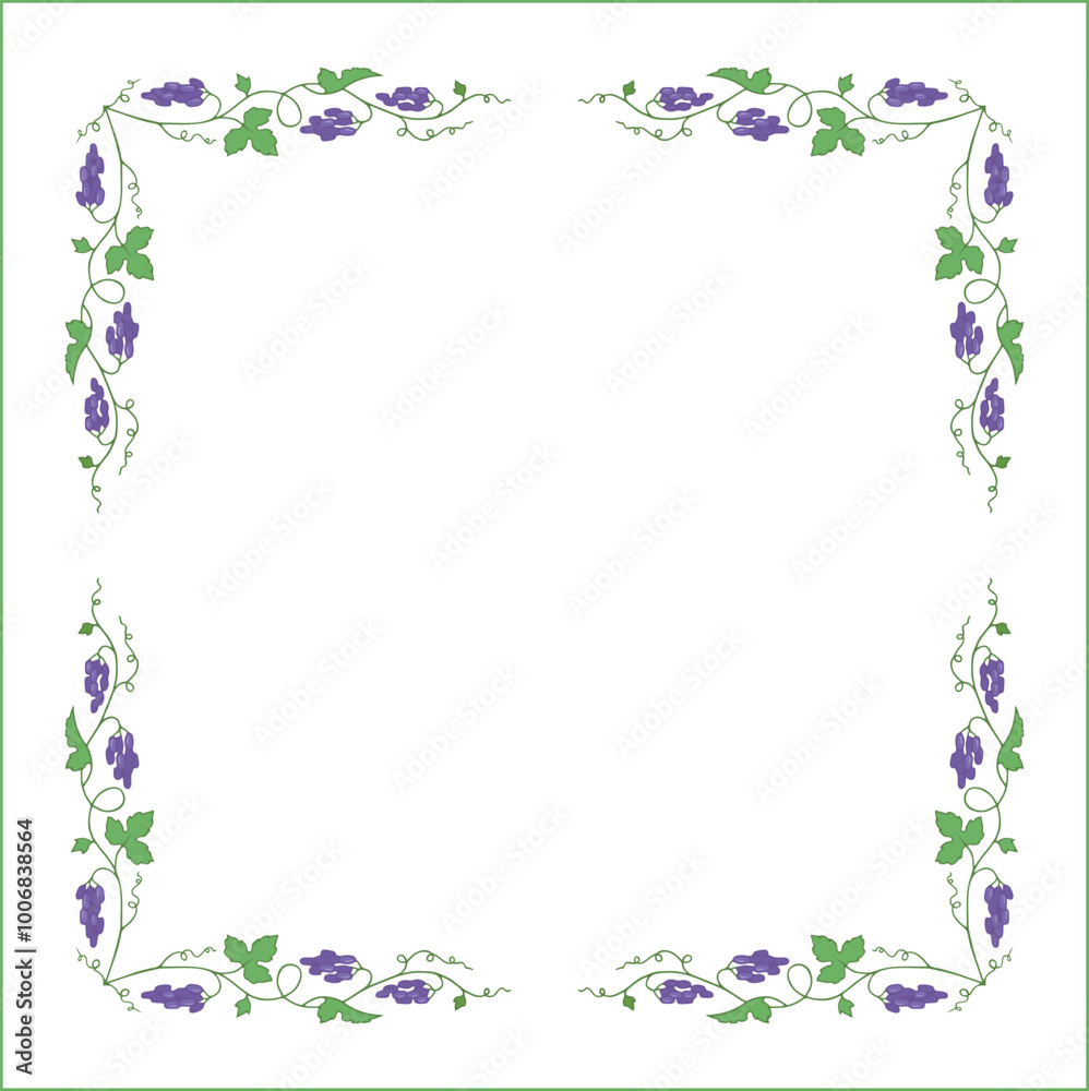 Vegetal frame with grapevine, bunches with blue grape, decorative corners for greeting cards, banners, business cards, invitations, menus. Isolated vector illustration.
Vegetal frame with grapevine, bunches with blue grape, decorative corners for greeting cards, banners, business cards, invitations, menus. Isolated vector illustration.