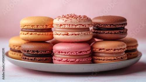 A set of colorful macarons arranged on a plate, isolated on a pastel backdrop, photo