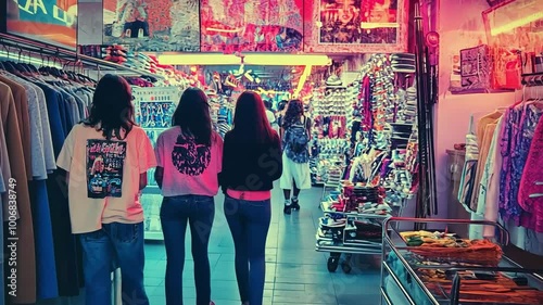 Teenagers Walking in Vintage 90s Neon Clothing Store
