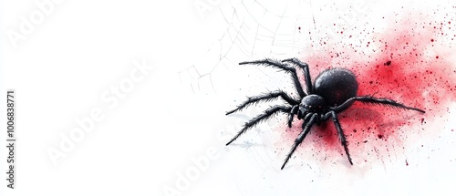  A tight shot of a spider against a pristine white backdrop, its back dotted with red paint splatters photo