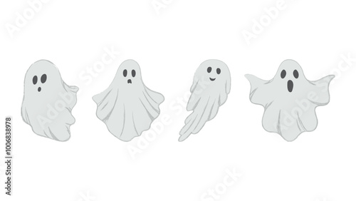 A set of ghosts with different expressions on their faces. A spooky ghost flies on Halloween. Sad and cheerful spirit. Flat vector illustration on white background