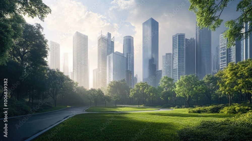 Skyscrapers rise high above a city park, with a road running parallel to the green space, a perfect blend of urban life and nature. Skyscrapers rise high above a city park, with a road running parallel to the green space, a perfect blend of urban life and nature.