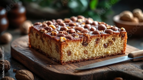 Delicious Almond and Nut Cake on Wooden Cutting Board