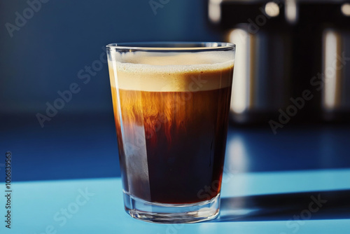 A refreshing glass of layered cold brew coffee displayed on a bright countertop in a cozy cafe setting during a sunny afternoon