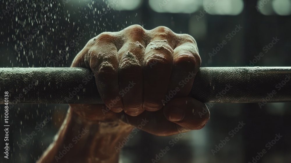 Detailed photo of a weightlifter's hands gripping a barbell, chalk dust visible, focus on strength and preparation, gym background Detailed photo of a weightlifter's hands gripping a barbell, chalk dust visible, focus on strength and preparation, gym background