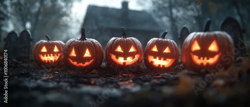  A collection of carved pumpkins atop a leaf-strewn ground, house in background photo