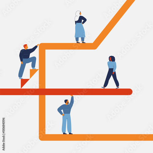 Career growth and internal mobility in business team. People moving up in Professional promotion in company and coworkers help to each other. Partnership and organization working process. Vector