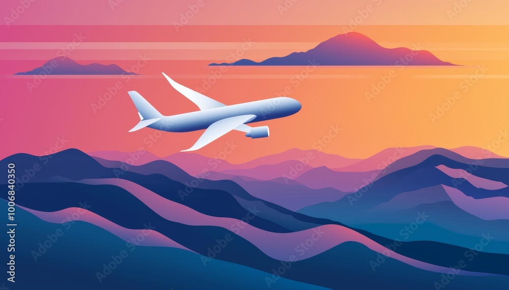 Naklejka premium A cartoon plane flying over the mountains, with simple clouds and a flat, colorful sky