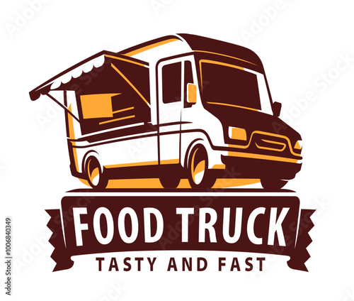 Food truck emblem or logo. Restaurant, diner street service symbol. Vector illustration
