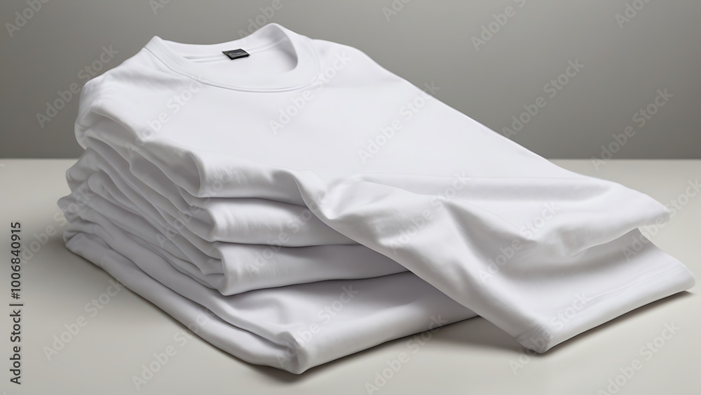 A neatly folded plain white t-shirt on a smooth white background, with no visible logos or designs, offering a clean, neutral canvas for product mockups. A neatly folded plain white t-shirt on a smooth white background, with no visible logos or designs, offering a clean, neutral canvas for product mockups.