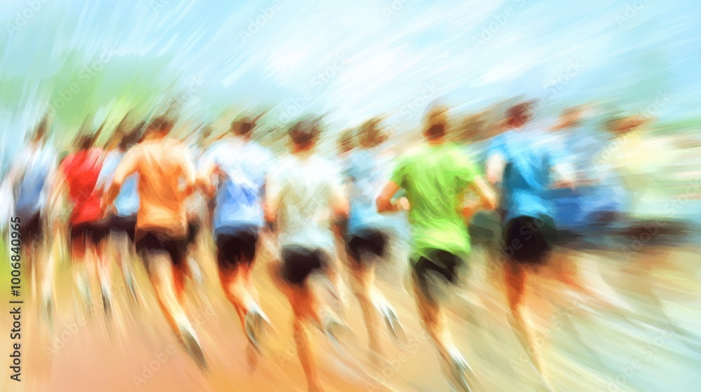 Fototapeta premium Blurred figures of runners mid-race on a track, creating a dynamic and fast-paced sports scene for backgrounds.
