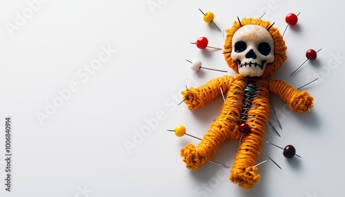 A creepy voodoo doll with pins stuck in various places, isolated against a white background
