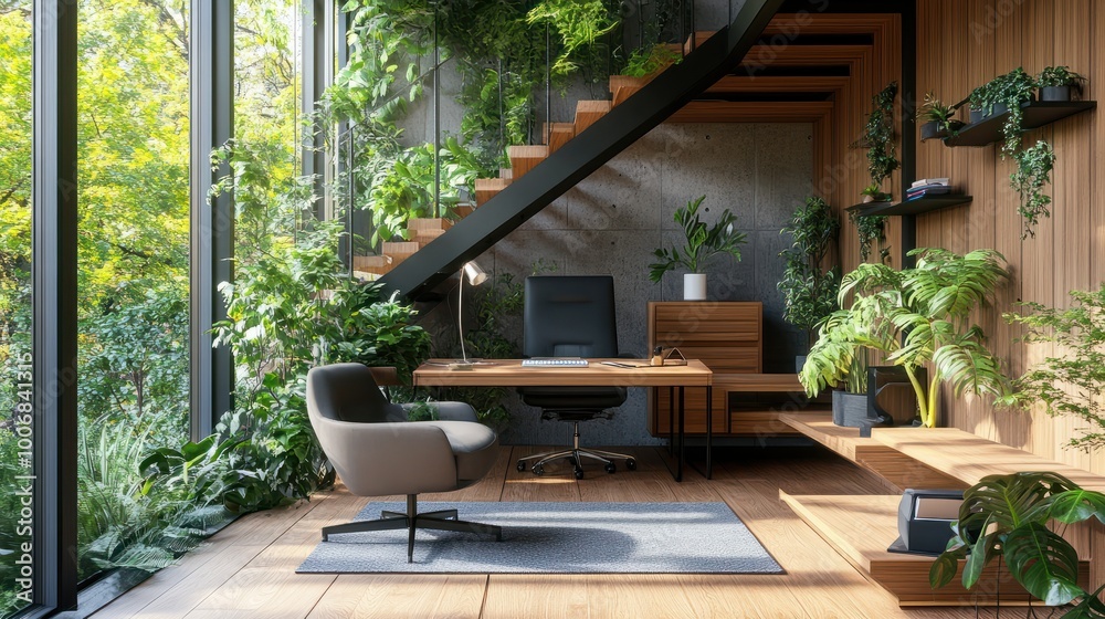 Ecological Home Office Apartment with Natural Wooden Surfaces and Green Plants. Ecological Home Office Apartment with Natural Wooden Surfaces and Green Plants.