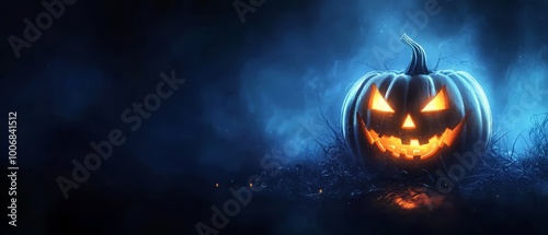  A jack-o-lantern pumpkin illumines the dark with its terrifying visage photo