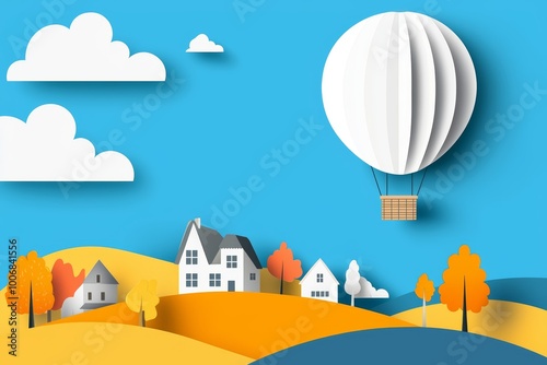 Wallpaper Mural A flat design of a hot air balloon floating above a cartoon village, with rolling hills and trees Torontodigital.ca