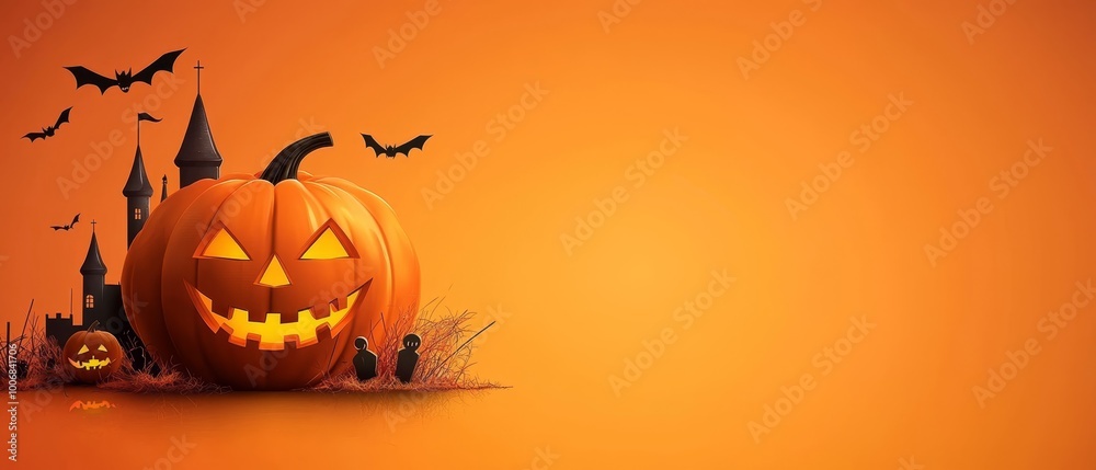 A pumpkin in foreground, bats nearby; castle background dominates scene A pumpkin in foreground, bats nearby; castle background dominates scene