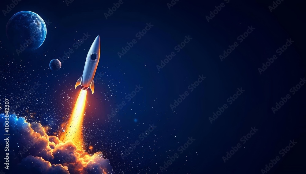 Obraz premium A flat design of a space rocket blasting off, with a minimalist galaxy and planets in the background