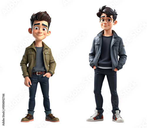 3d cartoon character of stylish young man in jacket and sneakers isolated on a transparent background