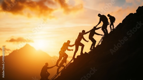 A group of people climbing a ladder, with a leader at the top, reaching down to help others ascend