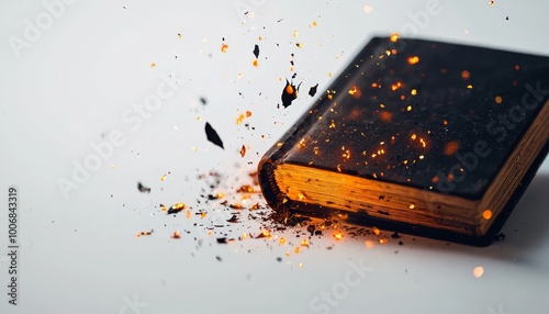 A haunted, floating book with torn pages and glowing runes, hovering against a white background photo