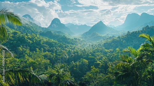 Tropical forest and mountains under blue sky