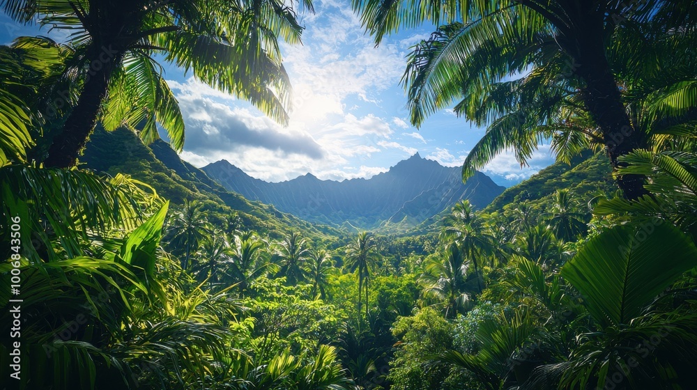 Mountain view through dense tropical forest