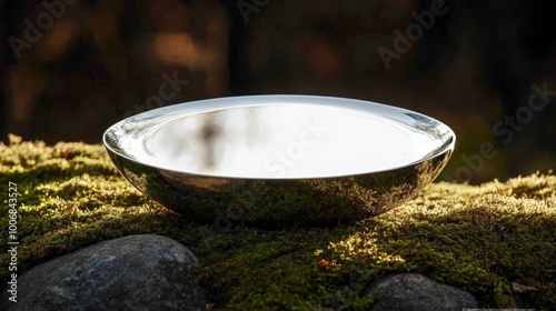 A highly reflective surface standing alone on moss-covered rocks, showcasing a clear reflection of the surrounding forest