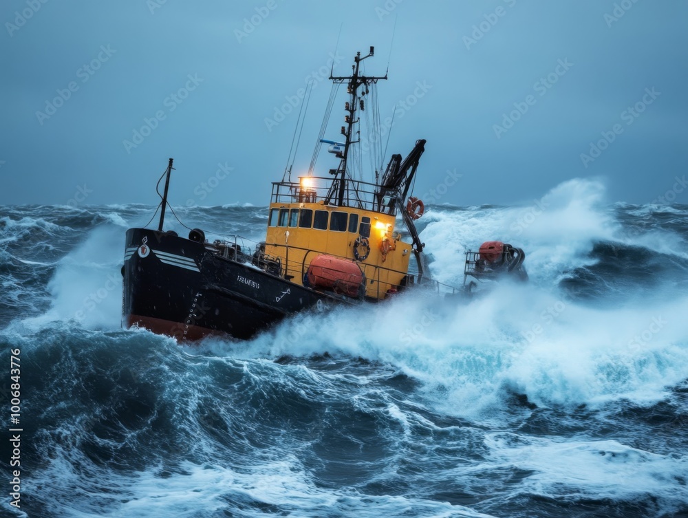 Naklejka premium Waves Crash Against Resilient Fishing Boat at Sea