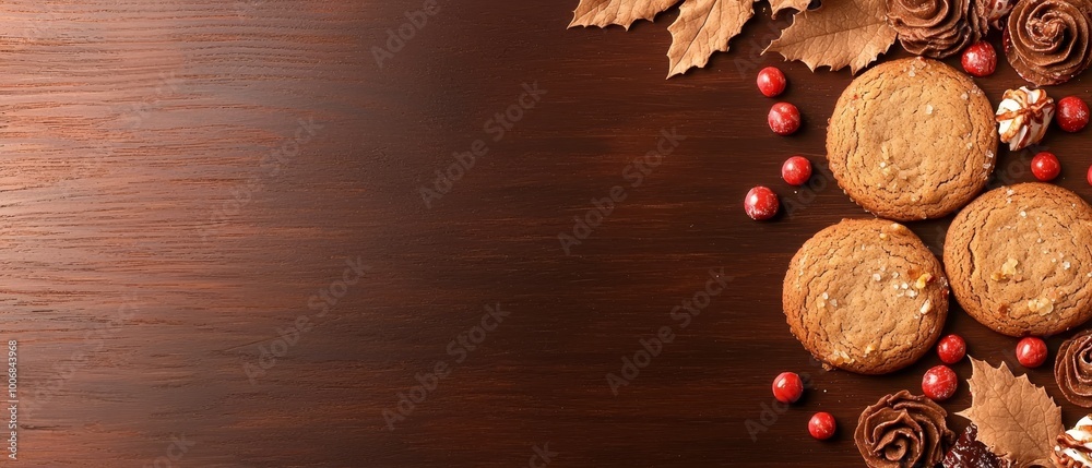 A wooden table is topped withcookies, each adorned with frosting and cranberry toppings A wooden table is topped withcookies, each adorned with frosting and cranberry toppings