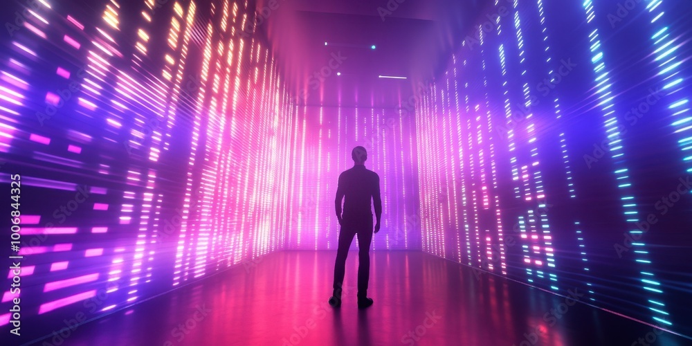 a man standing in a dark room with colorful lights a man standing in a dark room with colorful lights
