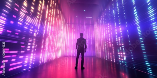 a man standing in a dark room with colorful lights